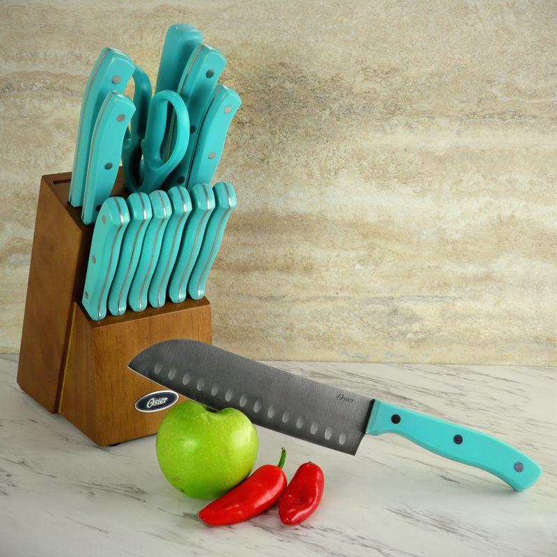 Evansville 14-Piece Stainless Steel Cutlery Set with Turquoise Handles and Wood Block