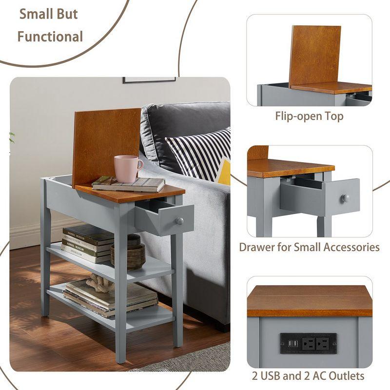 Narrow End Table with Charging Station, Side Table with 2 USB Ports & 2 Outlets, Nightstand Sofa Bedside Table with 2 Open Storage Shelves & Drawer