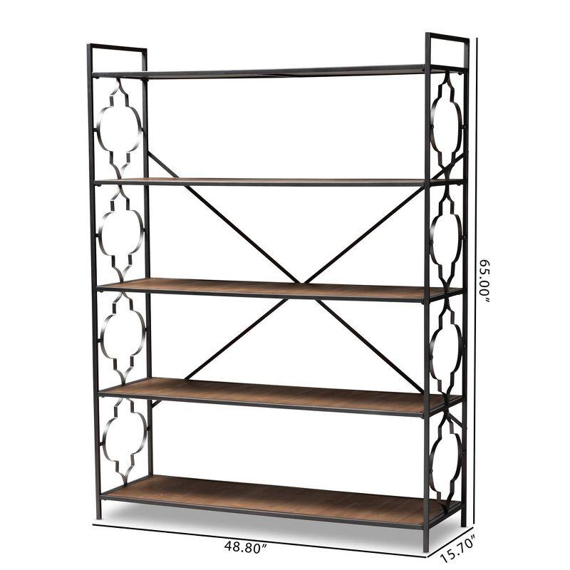 65" Mirna Iron & Oak Wood 5-Shelf Bookshelf with Quatrefoil Design - Baxton Studio