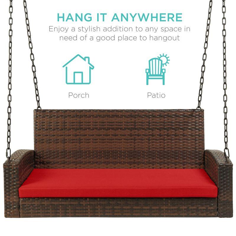 Best Choice Products Woven Wicker Hanging Porch Swing Bench for Patio, Deck w/ Mounting Chains, Seat Cushion - Brown/Red