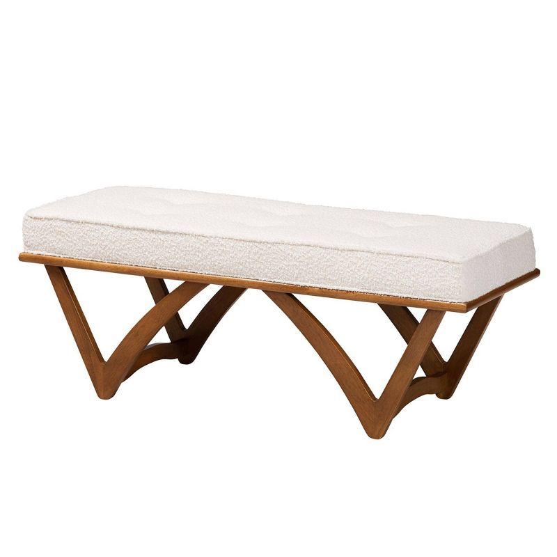 Chenoa Cream Boucle Fabric and Walnut Wood Bench