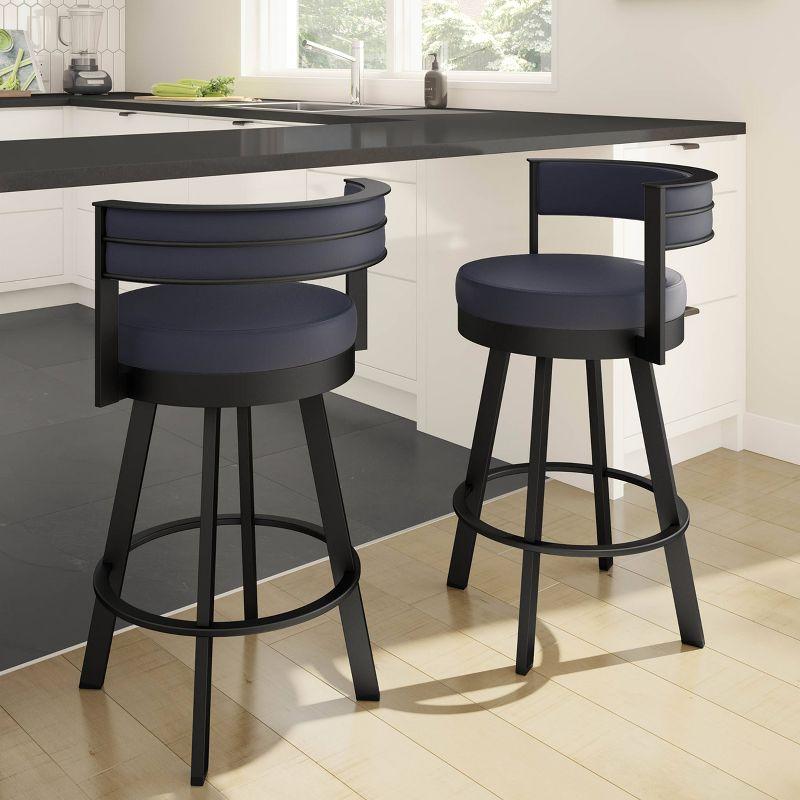 Amisco Browser Upholstered Barstool Navy/Black: Faux Leather, Oval Shape, Steel Frame, 300 lbs Capacity