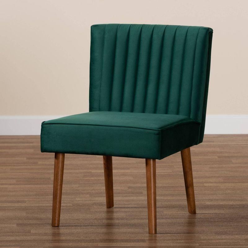 Alvis Velvet Upholstered and Wood Dining Chair Emerald Green/Walnut - Baxton Studio: Channel Tufted, Angled Legs
