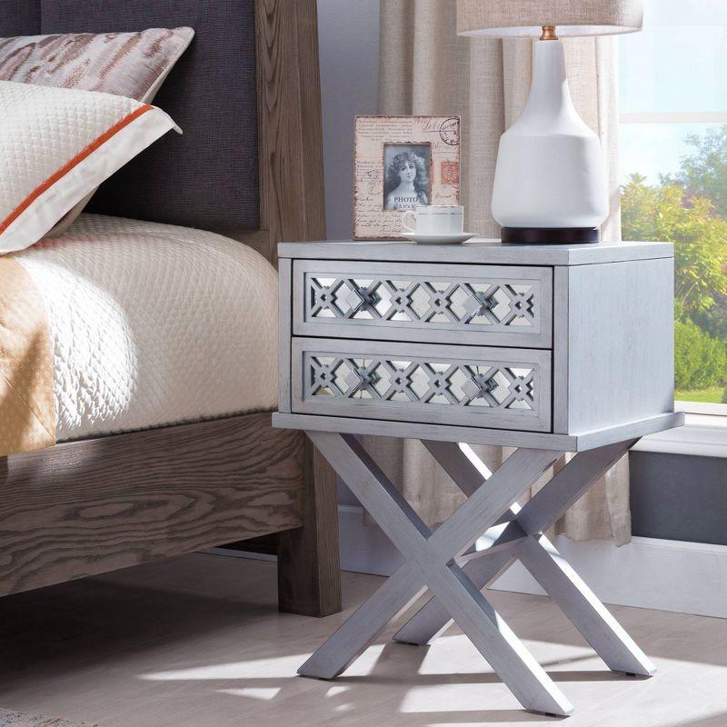 Mirrored Diamond Filigree X Base Nightstand/Table Silver Leaf - Leick Home: Solid Wood, 28" Height, 2 Drawers