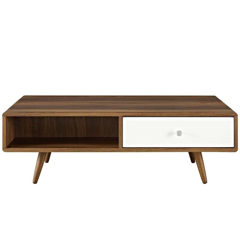 Transmit Coffee Table Walnut White - Modway: Mid-Century Modern, Storage, Tapered Legs