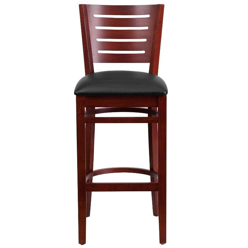 Mahogany Wood and Black Vinyl Slat Back Barstool