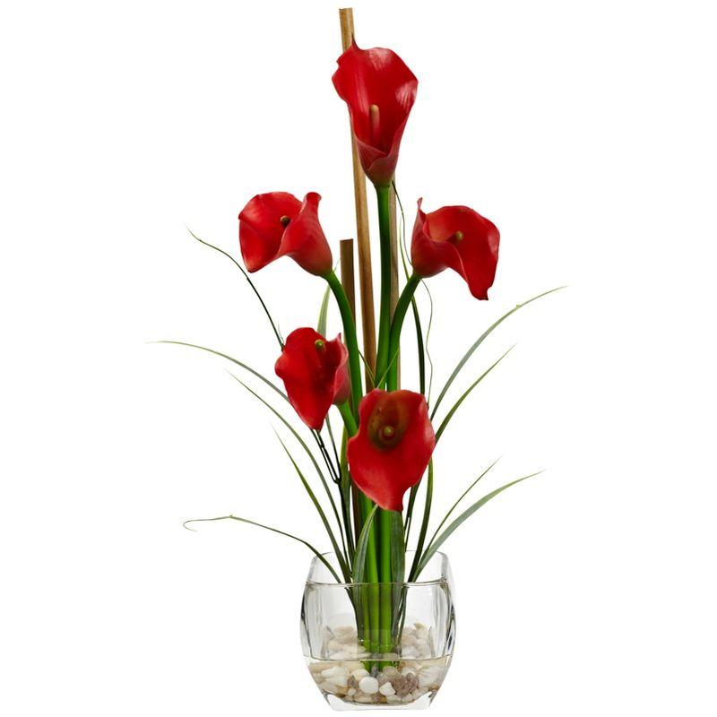 Red Calla Lily Arrangement in Glass Vase with Bamboo