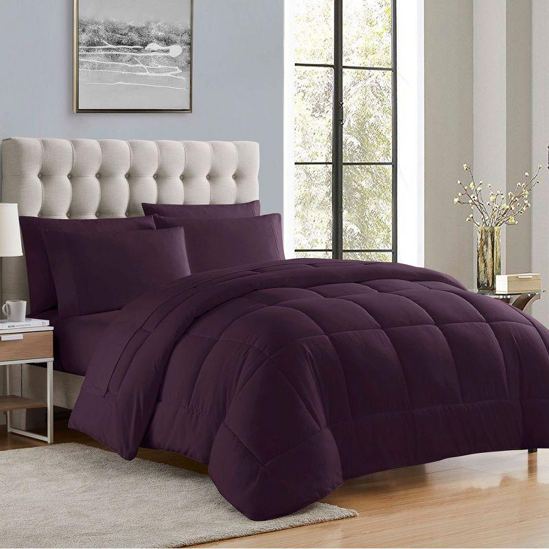 Bed-in-A-Bag Solid Color Comforter & Sheet Set Soft All Season Bedding, Twin XL, Purple