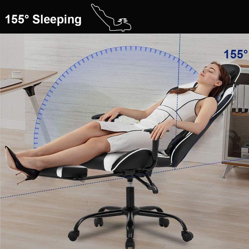 Black and White Ergonomic PU Leather Gaming Chair with Footrest