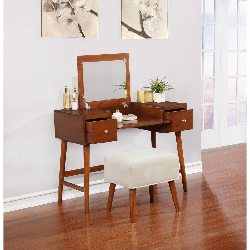 Viola Mid-Century Modern Flip-up Mirror 2 Drawer Vanity and Upholstered Stool Brown - Linon: Rubberwood, MDF, Lift-Top Storage
