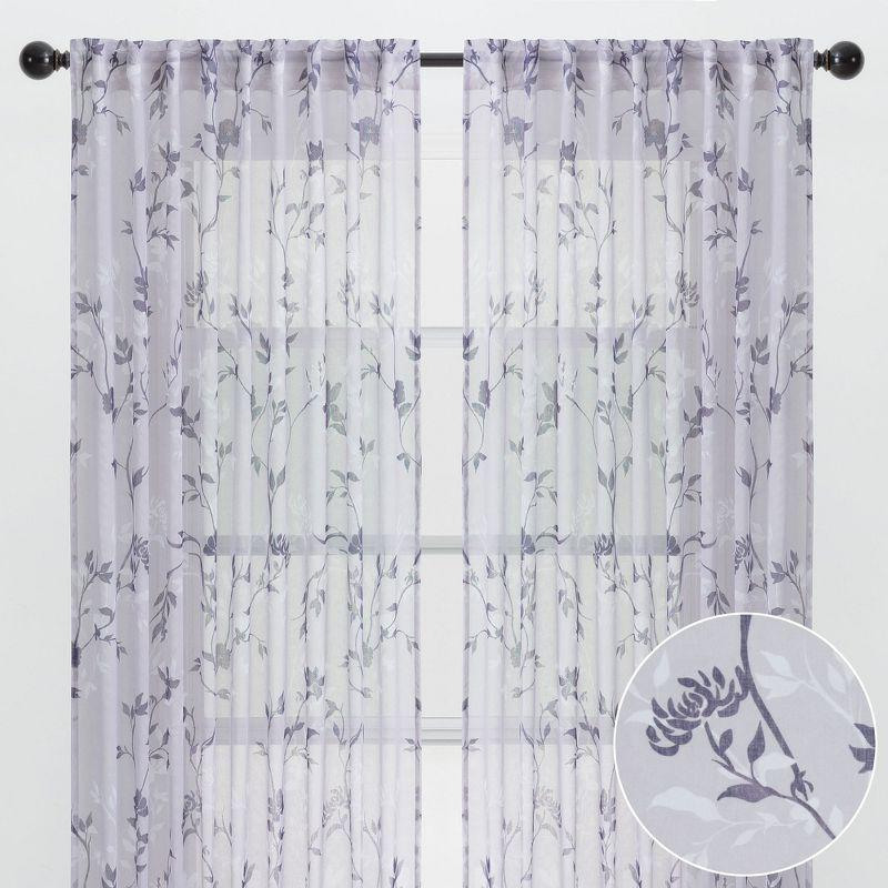 Purple Navy Floral Sheer Polyester Window Curtain Panels 52 x 63 Inches