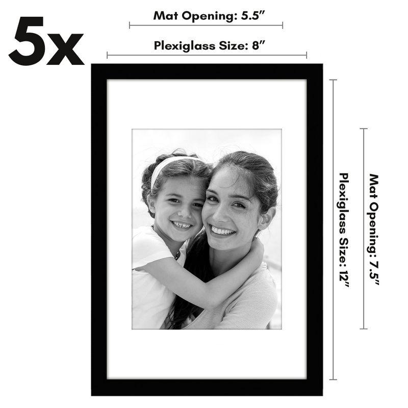 Americanflat 5 Pack of 8x12 Frames with 6x8 Mat - Plexiglass Cover - Black