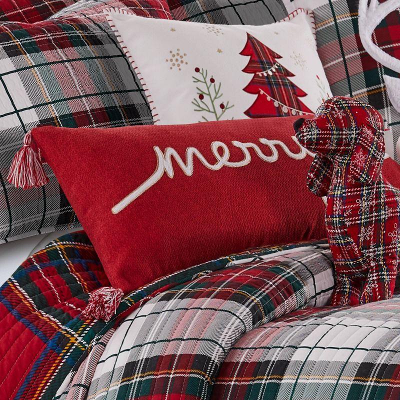 Red Embroidered Merry Rectangular Throw Pillow with Tassels