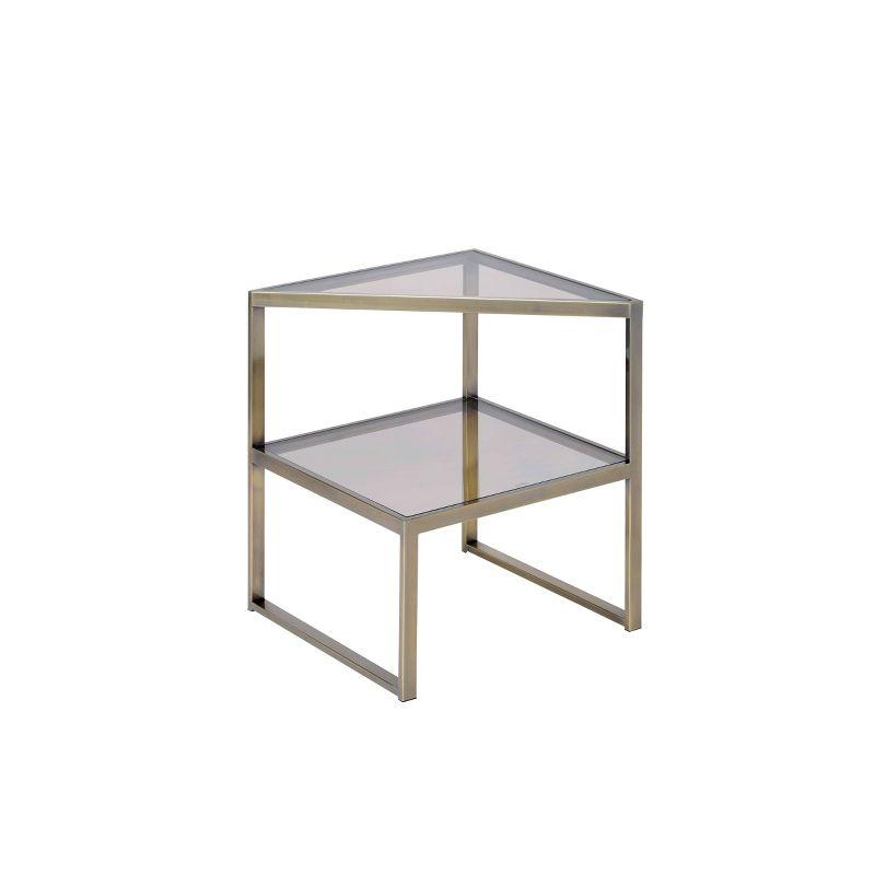 18" Treva Accent Table Smoky Glass/Antique Gold Finish - Acme Furniture: Triangle Shape, Open Shelf, No Tools Assembly