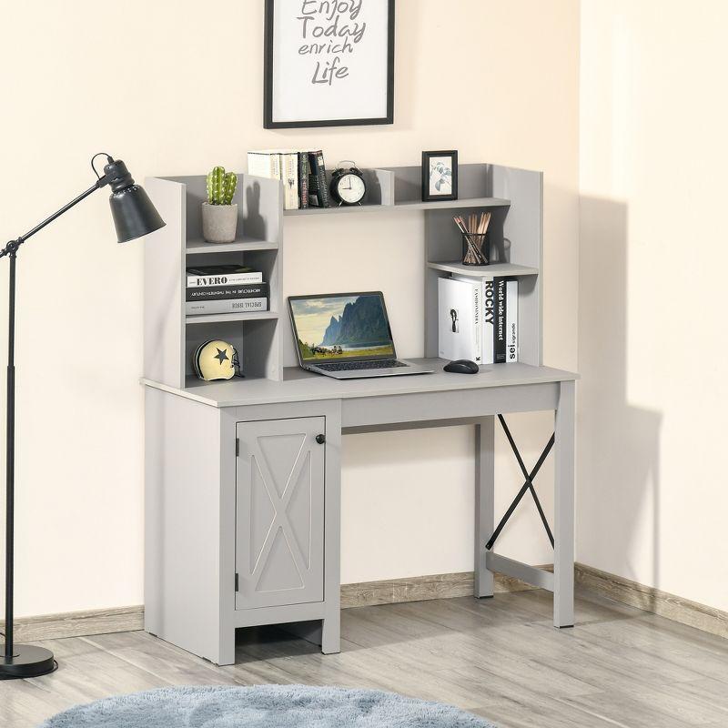 Modern Light Grey Wood Computer Desk with Hutch and Filing Cabinet