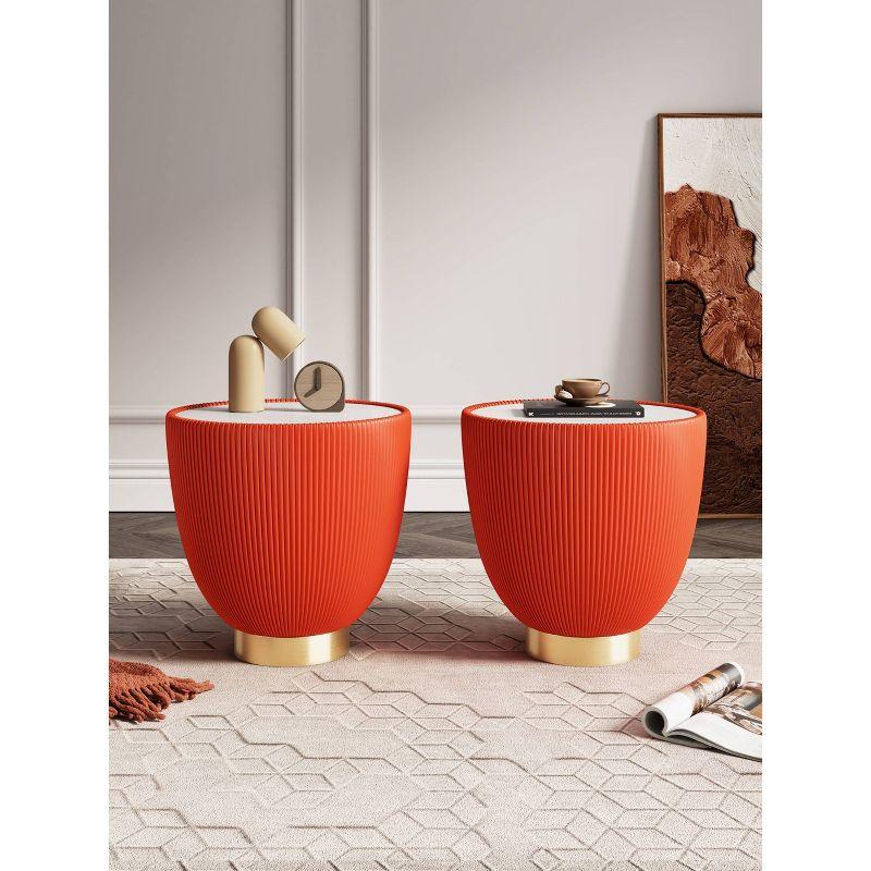 Manhattan Comfort Set of 2 Anderson Leatherette End Tables with Faux Marble Tabletop Orange: Modern Round Side Tables