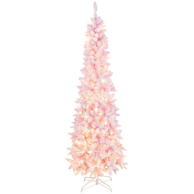 7ft Pink Snow Flocked Pre-Lit Pencil Christmas Tree with LED Lights