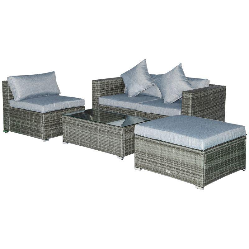 Outsunny 5-Piece Outdoor Sectional Furniture, Patio Sofa Set, PE Wicker Couch, Cushions, Pillows, Ottoman, Coffee Table