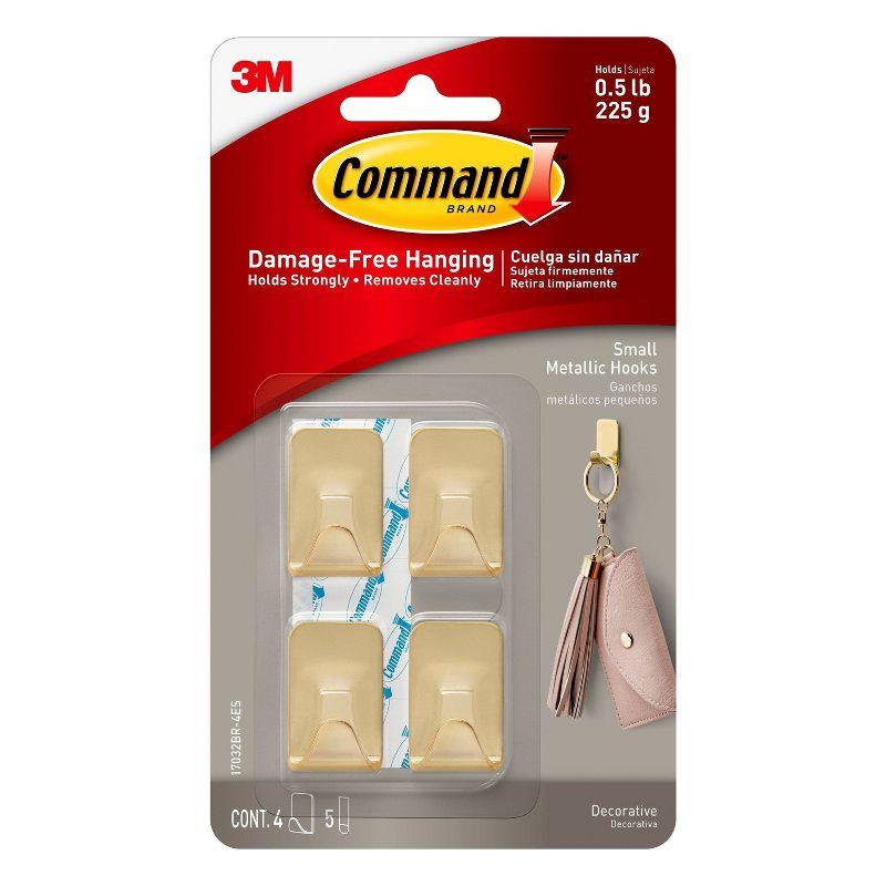 Command Small Sized Metallic Decorative Hooks Brass: Gold Wall Hooks, 0.5 lb Capacity, 4 Pack