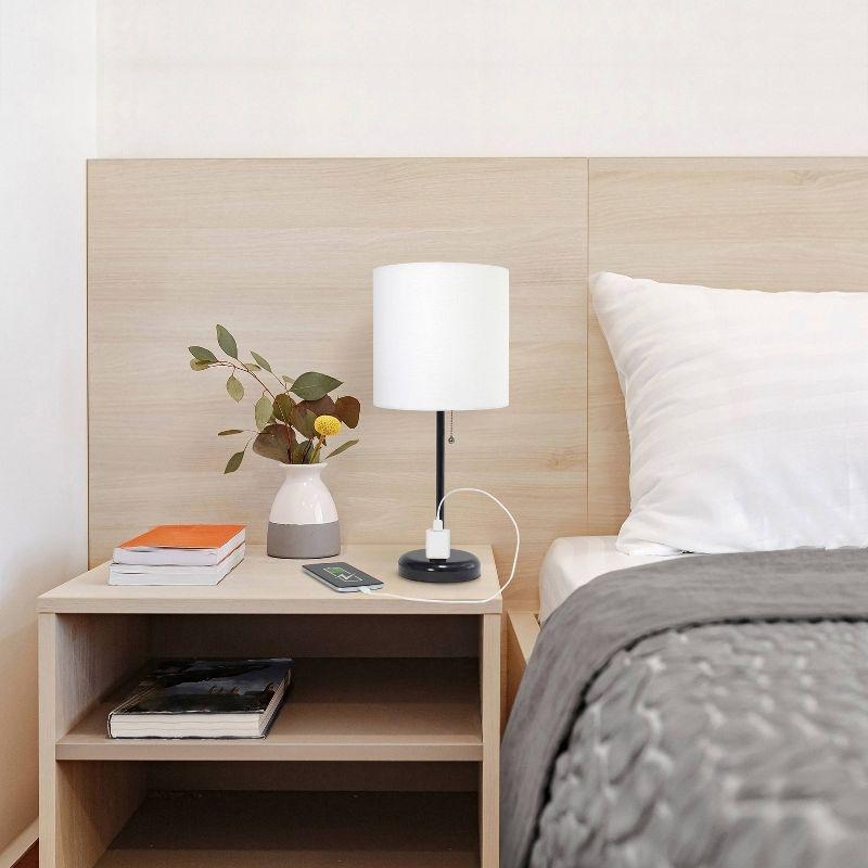 19.5" Bedside Power Outlet Base Metal Table Desk Lamp Brushed Steel with Fabric Shade - Creekwood Home