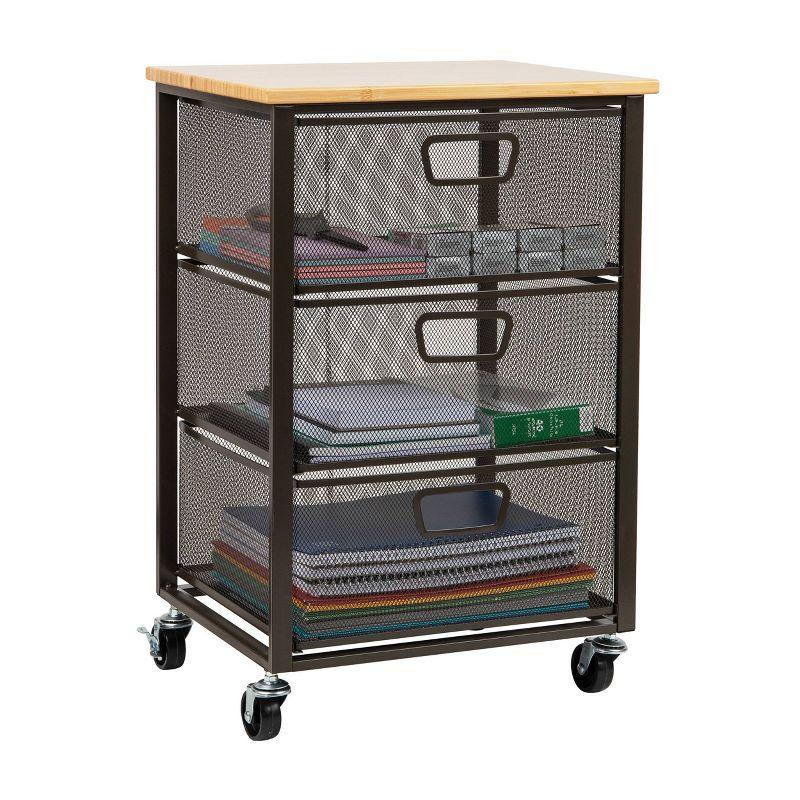 Black Metal Mesh Rolling Storage Cart with Wooden Top