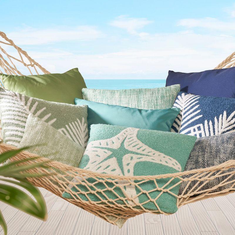 Aqua Embroidered Palm Leaf 18" Square Outdoor Throw Pillow