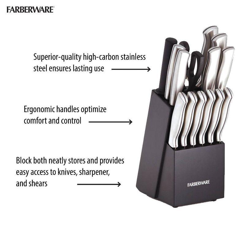 Farberware 15pc Stainless Steel Knife Block Set: Kitchen Knife Set with Block, Serrated Blades, Hand Wash, Silver