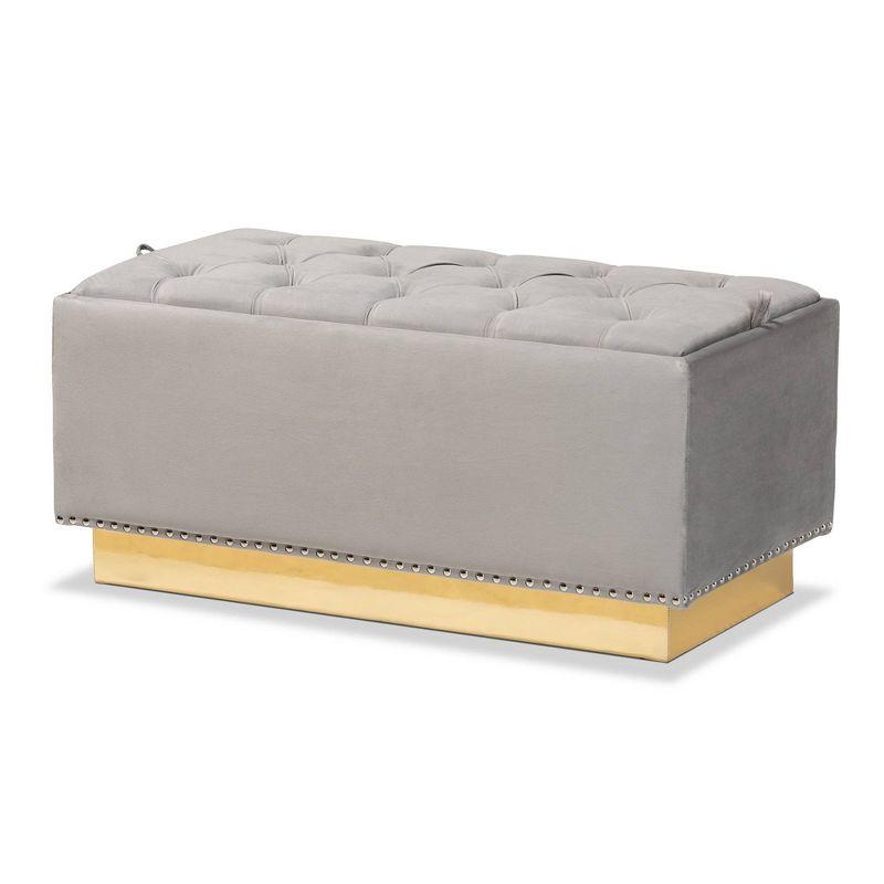 Luxurious Grey Velvet and Gold PU Leather Tufted Storage Ottoman