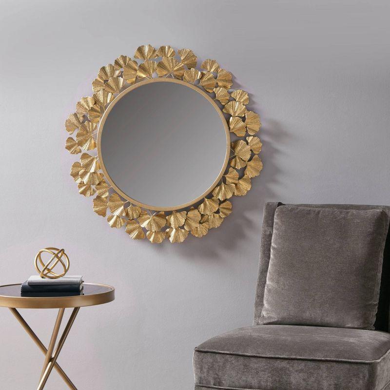 Luxurious Eden Gold Ginkgo Leaf Round Wood Wall Mirror 31"