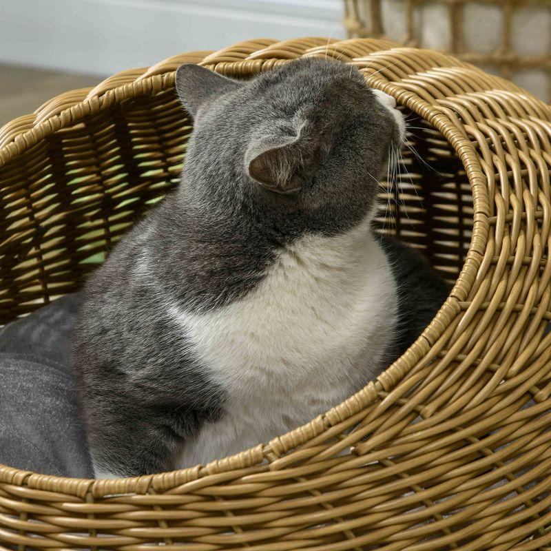 PawHut Rattan Cat Bed, Wicker Cat House Basket with Washable Cushion for Small Indoor Cats and Dogs, Light Brown