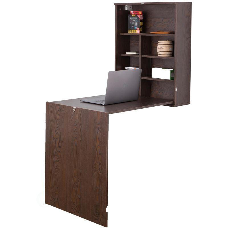 Brown Wood Foldable Wall Mount Laptop Desk with Shelves