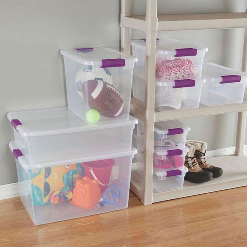 Sterilite 66 Qt ClearView Latch Storage Box, Stackable Bin with Latching Lid, Plastic Container to Organize Clothes in Closet, Clear Base, Lid, 6-Pack