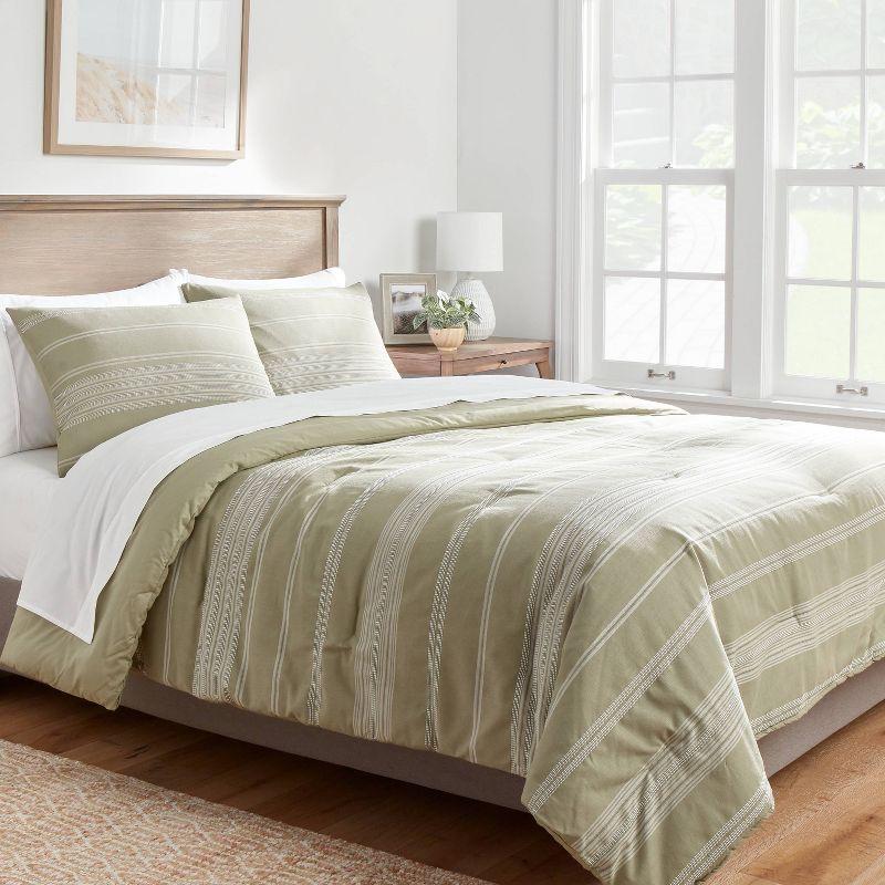 Full Moss Green and White Cotton Woven Stripe Comforter Set