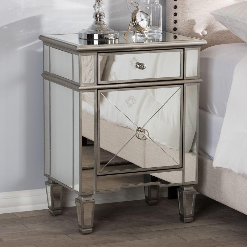 Claudia Hollywood Regency Glamour Style Mirrored Nightstand - Baxton Studio: Silver Lacquered, MDF Composite, No Assembly Required