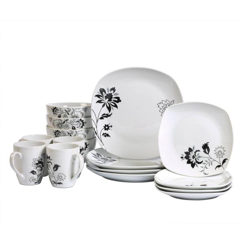 Rebecca Square White and Black Floral Porcelain Dinnerware Set, Service for 4