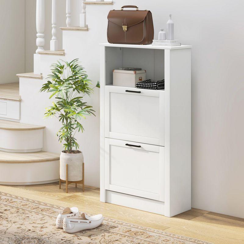 HOMCOM Shoe Storage Cabinet with 2 Flip Drawers and Open Compartment, Adjustable Shelves for Entryway or Hallway