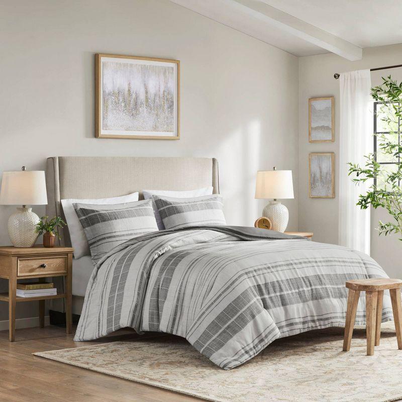 Gray and White Cotton Blend Striped Full/Queen Duvet Cover Set