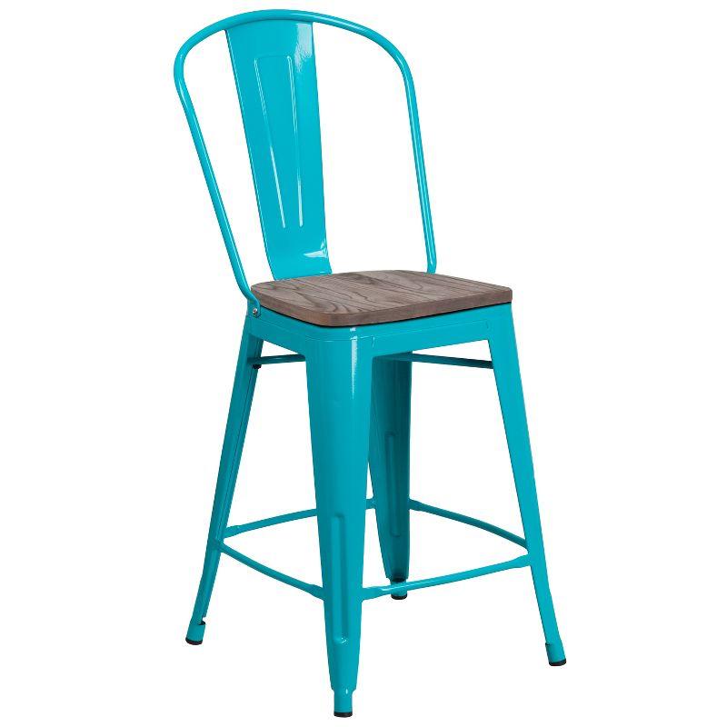 Crystal Teal-Blue Metal Counter Stool with Wood Seat