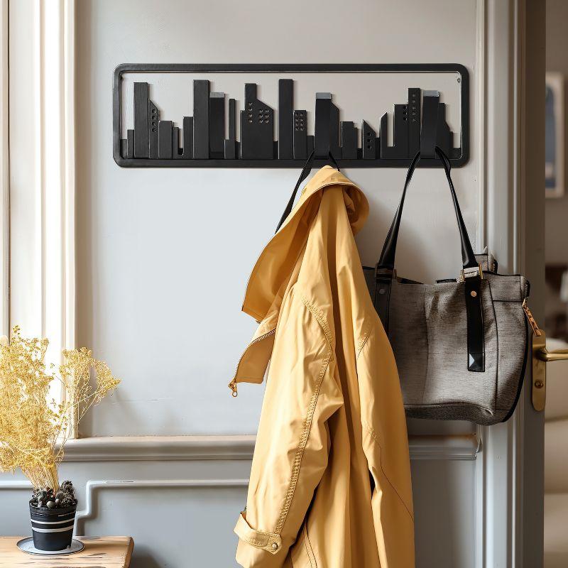 Black Fir Wood Urban Wall-Mounted Coat Rack with 4 Hooks