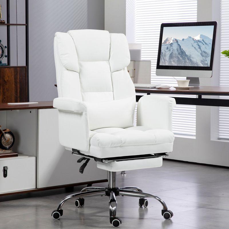 HOMCOM Executive Office Chair with Footrest and Lumbar Support, PU Leather Office Desk Chair, Ergonomic, Reclining and Swivel Chair, White