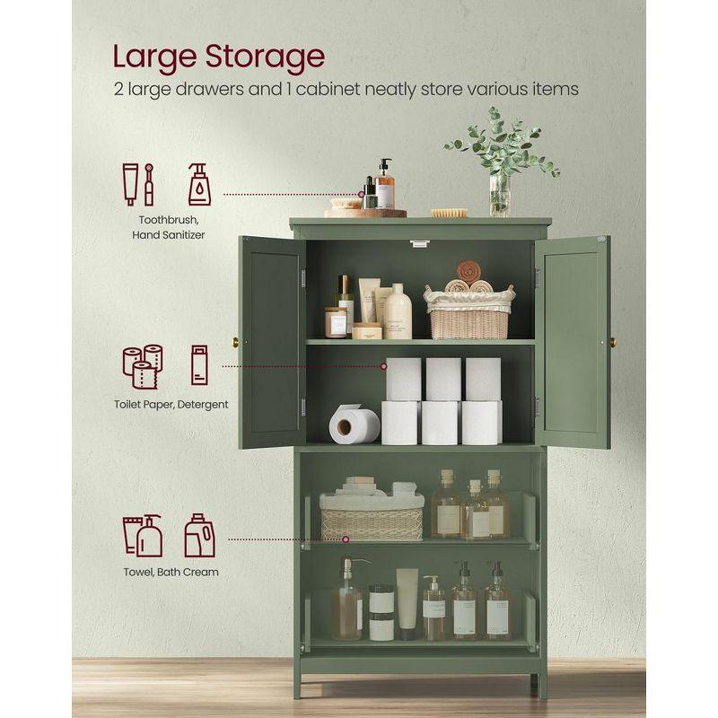 VASAGLE Bathroom Floor Storage Cabinet, Bathroom Storage Unit, Freestanding Cabinet with 2 Drawers and 2 Doors,Forest Green