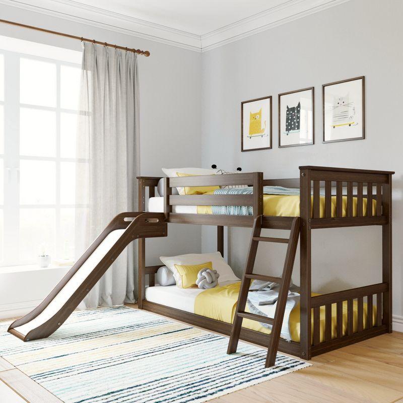 Max & Lily Twin Over Twin Low Bunk Bed with Slide, Solid Wood Kids Platform Bed with 14” Guardrails, Walnut