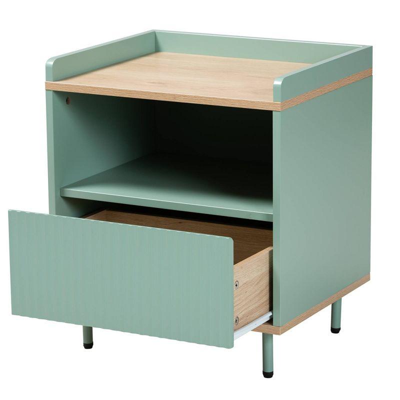 Tavita Two-Tone Wood 1 Drawer End Table Oak Brown/Mint Green - Baxton Studio: Side Table with Storage Shelf