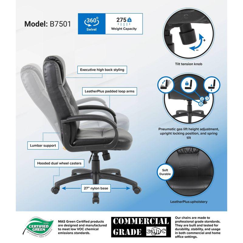 Executive High Back Leatherplus Chair Black - Boss Office Products: Ergonomic, Swivel, Adjustable Height, Metal Frame