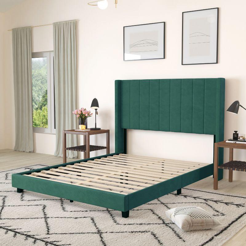 Emerald Velvet Queen Upholstered Platform Bed with Tufted Wingback Headboard