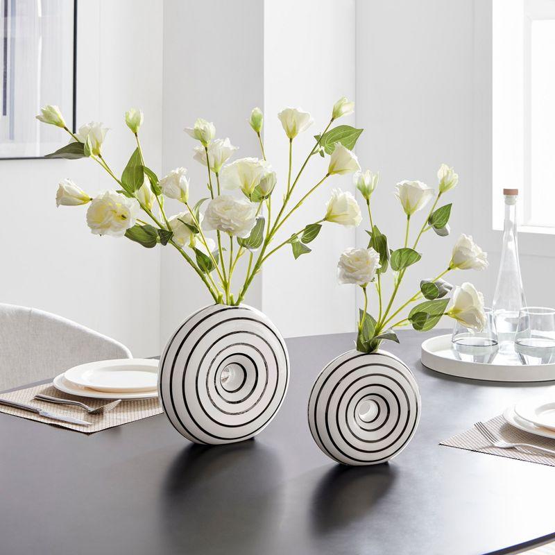 Danya B. Etta Two Piece Glossy Ceramic Black and White Striped Round Hollow Circle Donut Vase Set