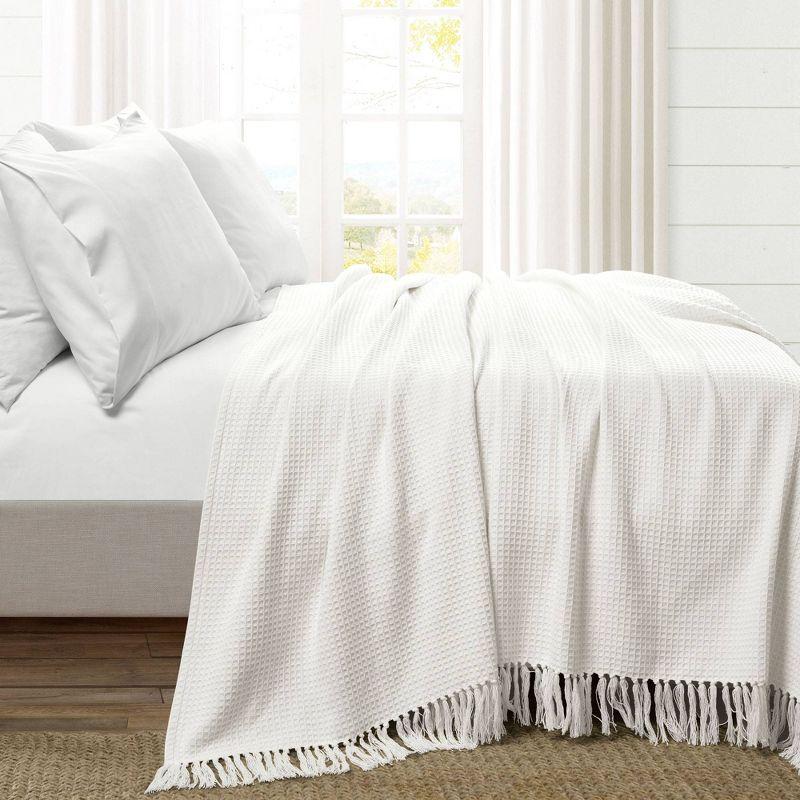 Elegant White Cotton Waffle Knit Throw Blanket with Tassel Fringe