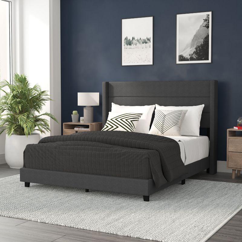 Charcoal Queen Upholstered Platform Bed with Wingback Headboard