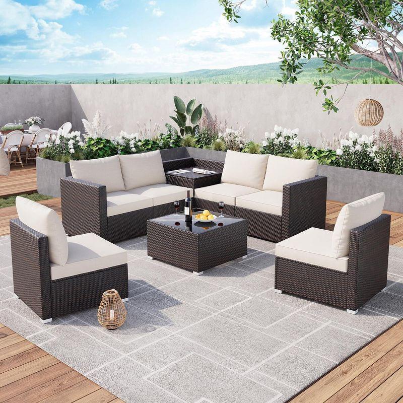 Whizmax 8-Piece Brown Wicker Rattan Outdoor Patio Set with Glass Table and Storage