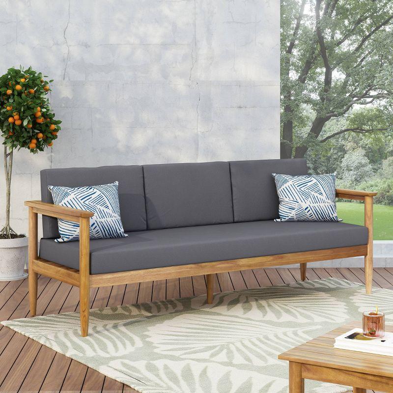 Acacia Wood Outdoor 3-Seater Sofa with Dark Gray Cushions